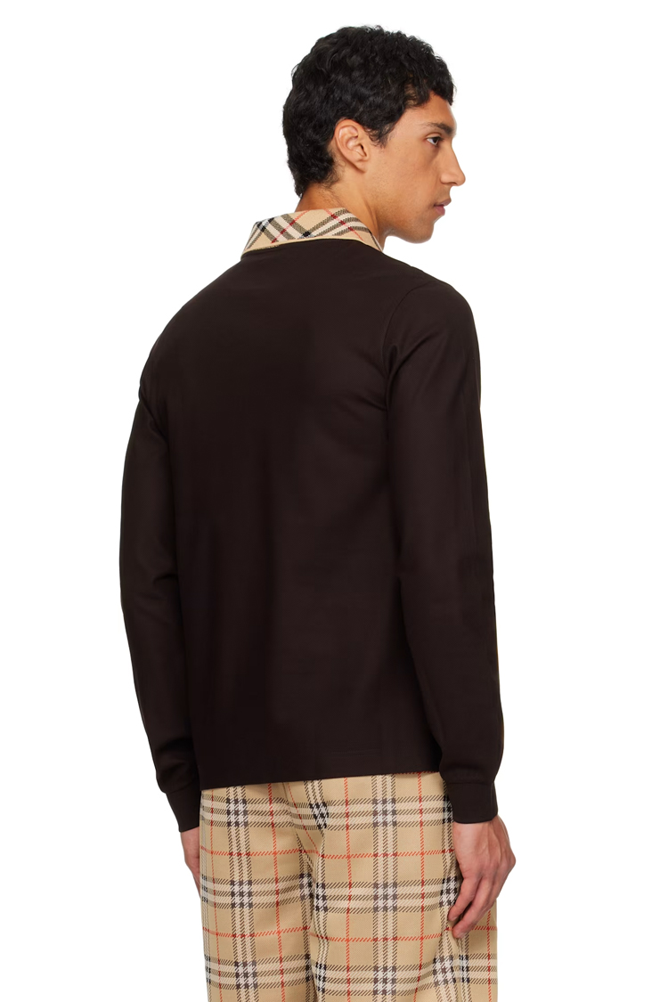 חולצת פולו ארוכה ברברי burberry שחור משובץ דגם Long-sleeve Check Collar Cotton Polo Shirt כותנה צווארון משובץ
