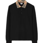 חולצת פולו ארוכה ברברי burberry שחור משובץ דגם Long-sleeve Check Collar Cotton Polo Shirt כותנה צווארון משובץ
