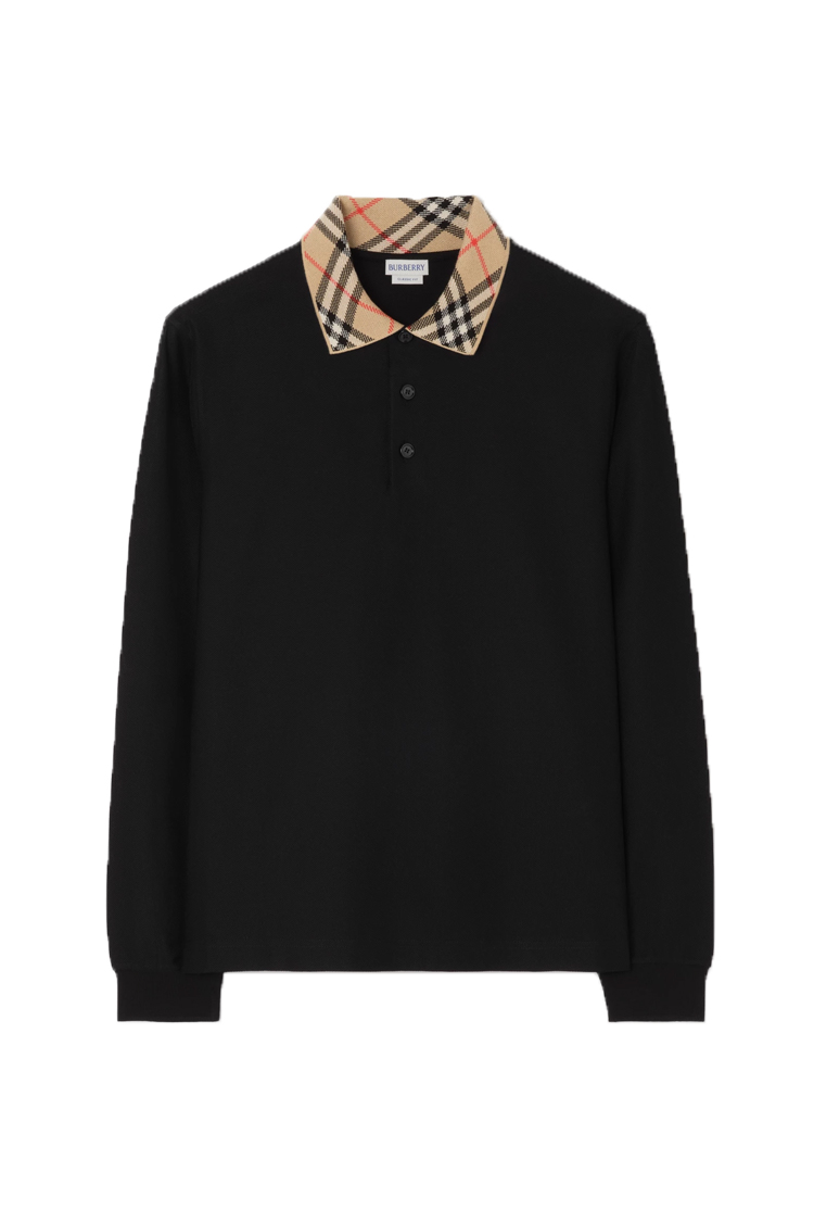 חולצת פולו ארוכה ברברי burberry שחור משובץ דגם Long-sleeve Check Collar Cotton Polo Shirt כותנה צווארון משובץ
