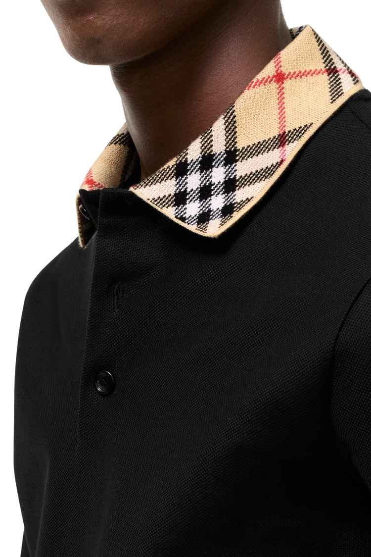 חולצת פולו ארוכה ברברי burberry שחור משובץ דגם Long-sleeve Check Collar Cotton Polo Shirt כותנה צווארון משובץ