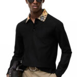 חולצת פולו ארוכה ברברי burberry שחור משובץ דגם Long-sleeve Check Collar Cotton Polo Shirt כותנה צווארון משובץ
