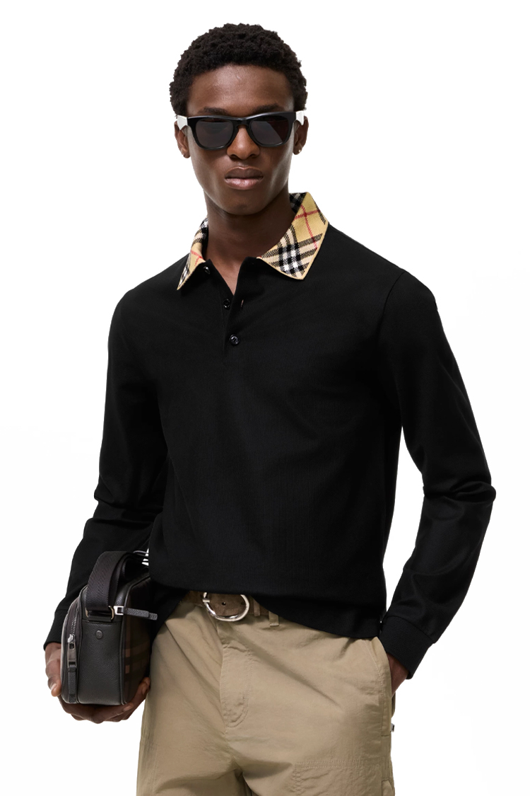 חולצת פולו ארוכה ברברי burberry שחור משובץ דגם Long-sleeve Check Collar Cotton Polo Shirt כותנה צווארון משובץ