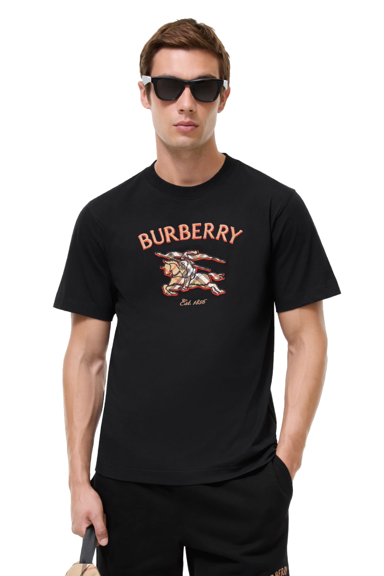 טי שירט ברברי burberry שחור דגם Knight Check כותנה קלאסי פיט רקמת תלאים applique סוס אביר