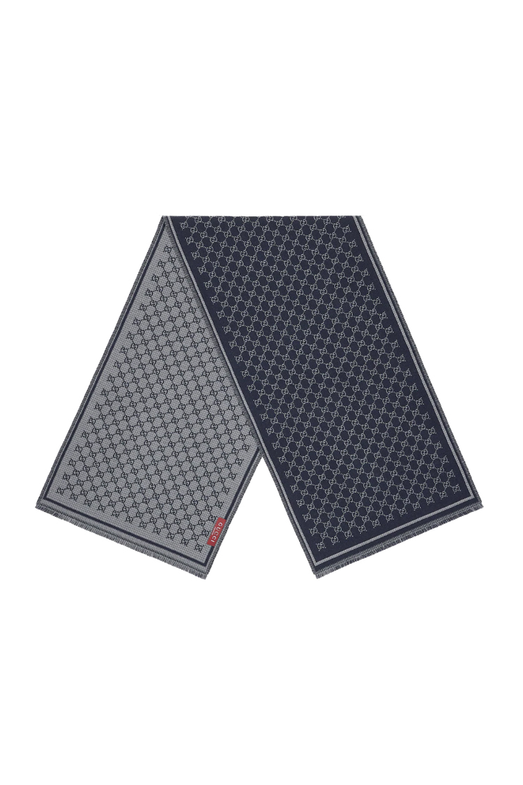 צעיף צמר גוצי gucci כחול דגם gg wool jacquard scarf 100 אחוז צמר פרנזים מונוגרמה gg