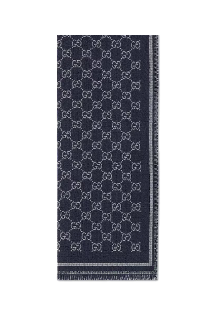 צעיף צמר גוצי gucci כחול דגם gg wool jacquard scarf 100 אחוז צמר פרנזים מונוגרמה gg