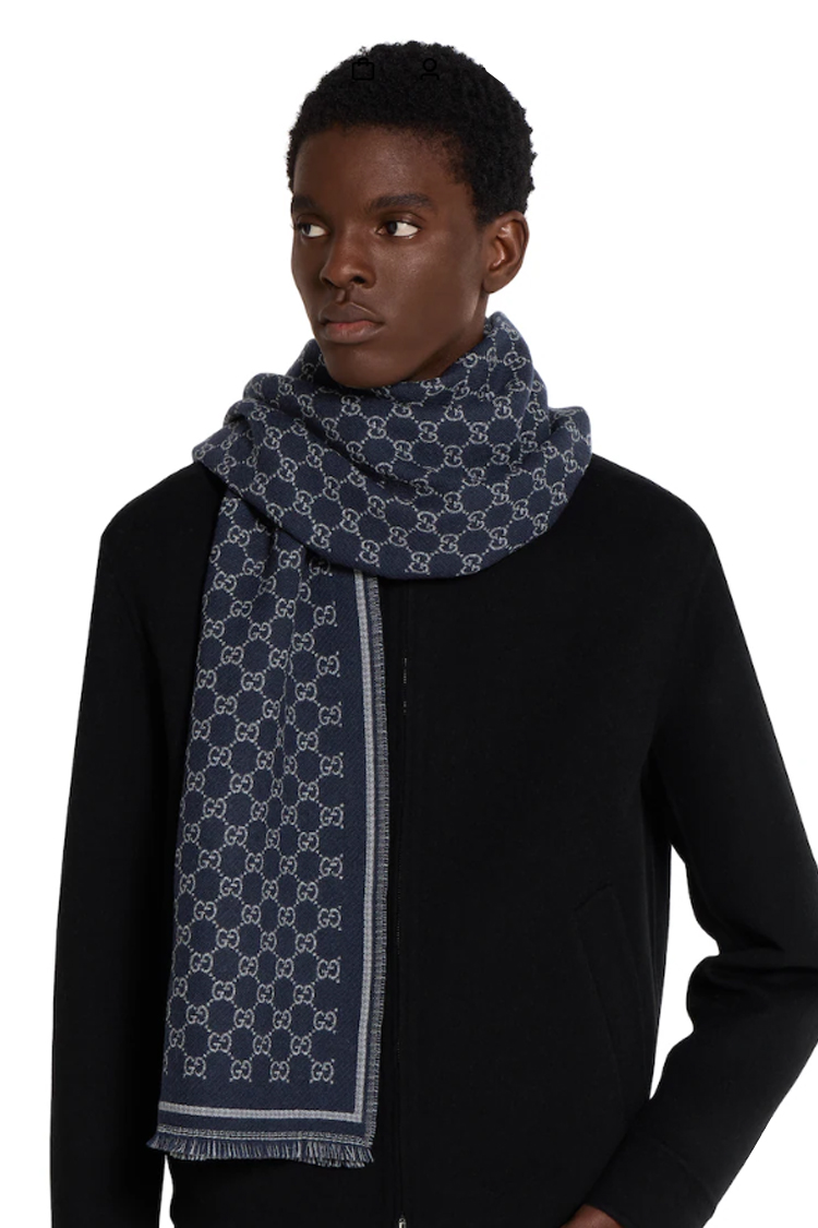 צעיף צמר גוצי gucci כחול דגם gg wool jacquard scarf 100 אחוז צמר פרנזים מונוגרמה gg