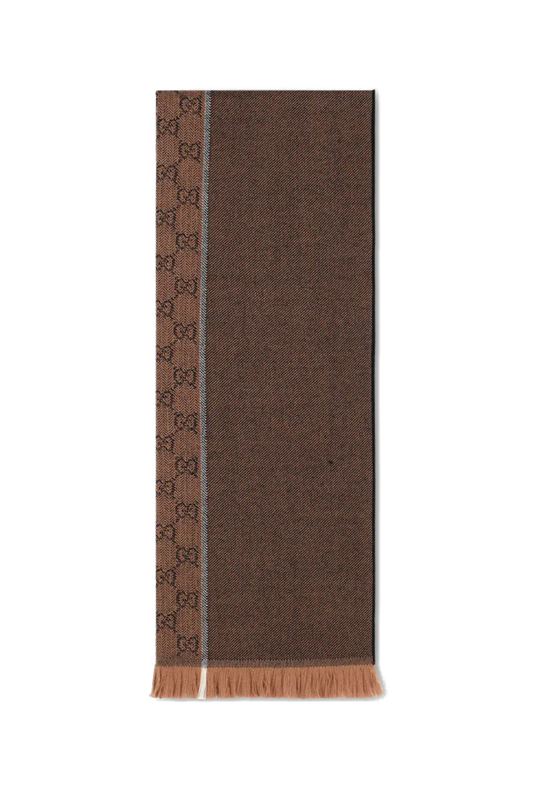 צעיף צמר גוצי gucci חום דגם gg wool jacquard scarf 100 אחוז צמר פרנזים מונוגרמה gg