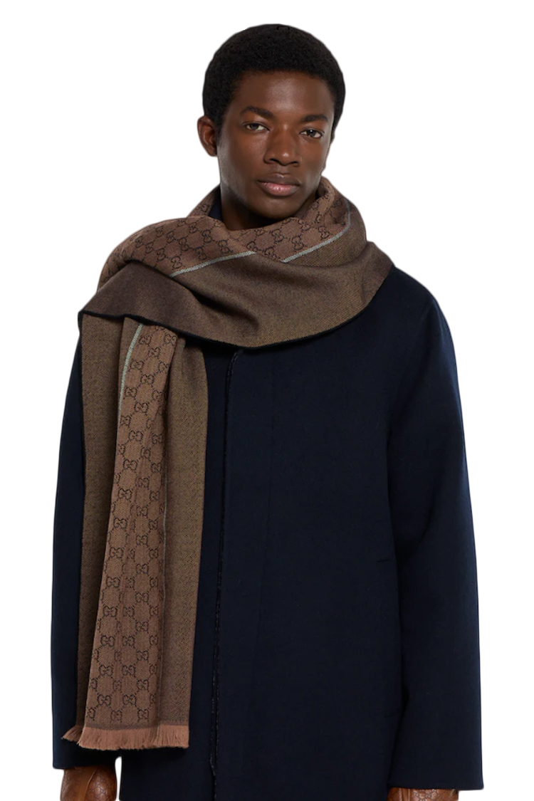 צעיף צמר גוצי gucci חום דגם gg wool jacquard scarf 100 אחוז צמר פרנזים מונוגרמה gg