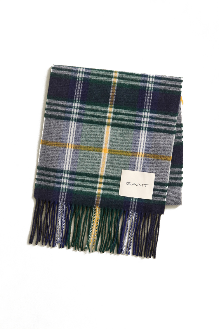 צעיף צמר גאנט GANT ירוק כחול דגם Checked Wool צמר מרינו משובץ פרנזים פאץ’ לוגו