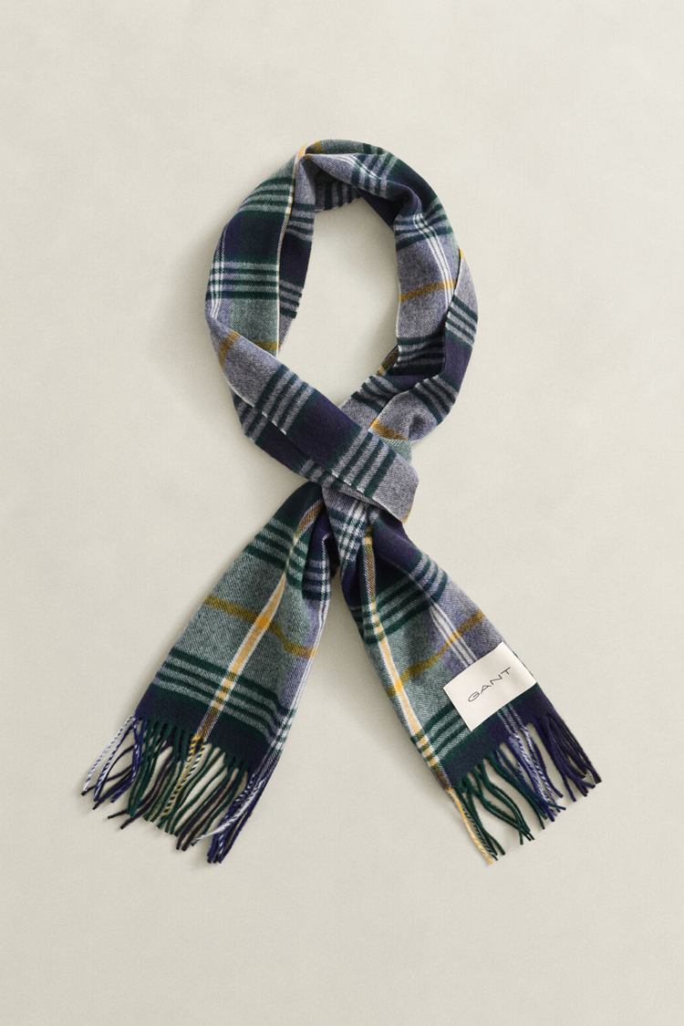צעיף צמר גאנט GANT ירוק כחול דגם Checked Wool צמר מרינו משובץ פרנזים פאץ’ לוגו