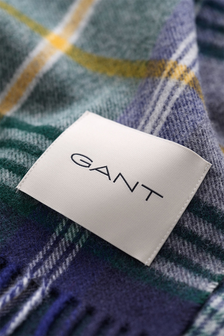 צעיף צמר גאנט GANT ירוק כחול דגם Checked Wool צמר מרינו משובץ פרנזים פאץ’ לוגו
