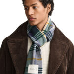 צעיף צמר גאנט GANT ירוק כחול דגם Checked Wool צמר מרינו משובץ פרנזים פאץ’ לוגו