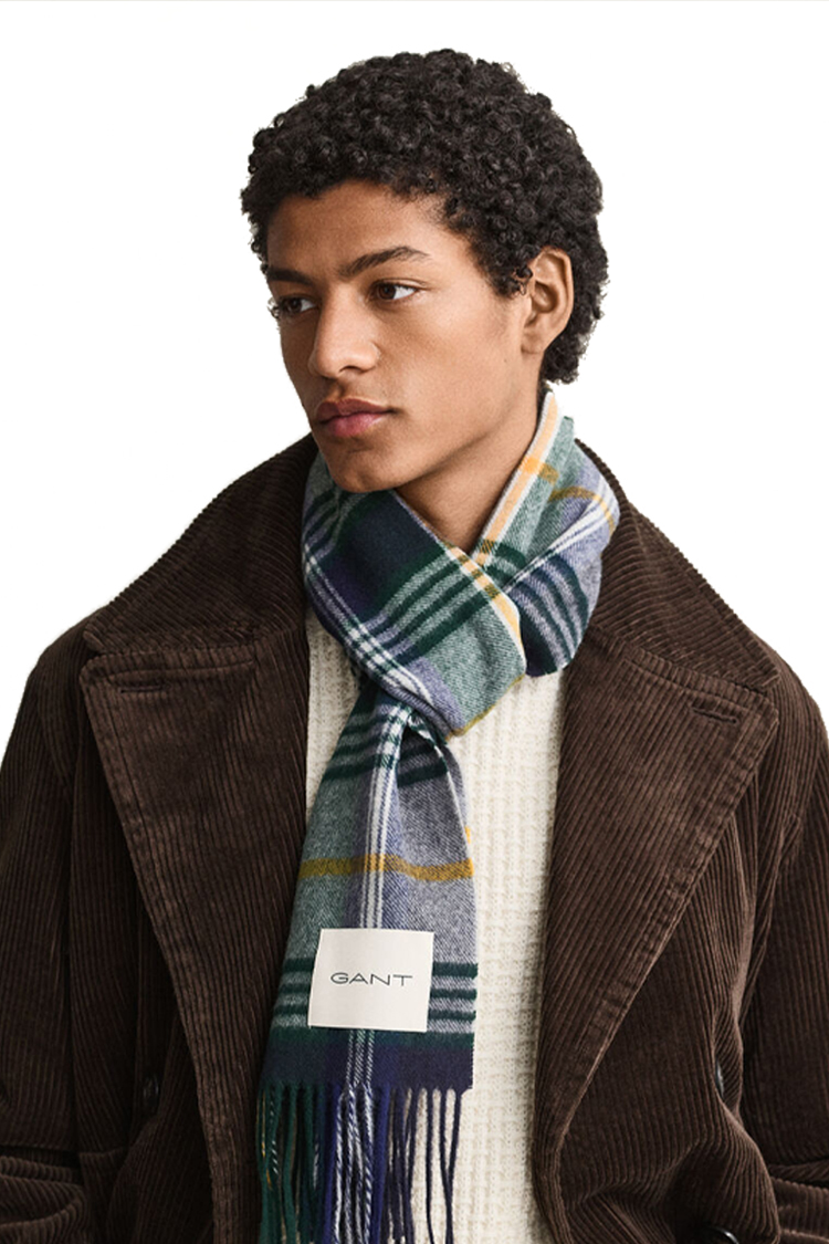צעיף צמר גאנט GANT ירוק כחול דגם Checked Wool צמר מרינו משובץ פרנזים פאץ' לוגו