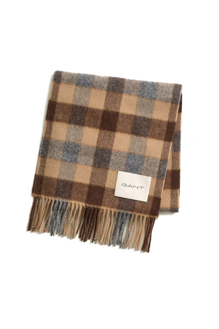 צעיף צמר גאנט GANT חום/חאקי דגם Checked Wool צמר מרינו משובץ פרנזים פאץ’ לוגו
