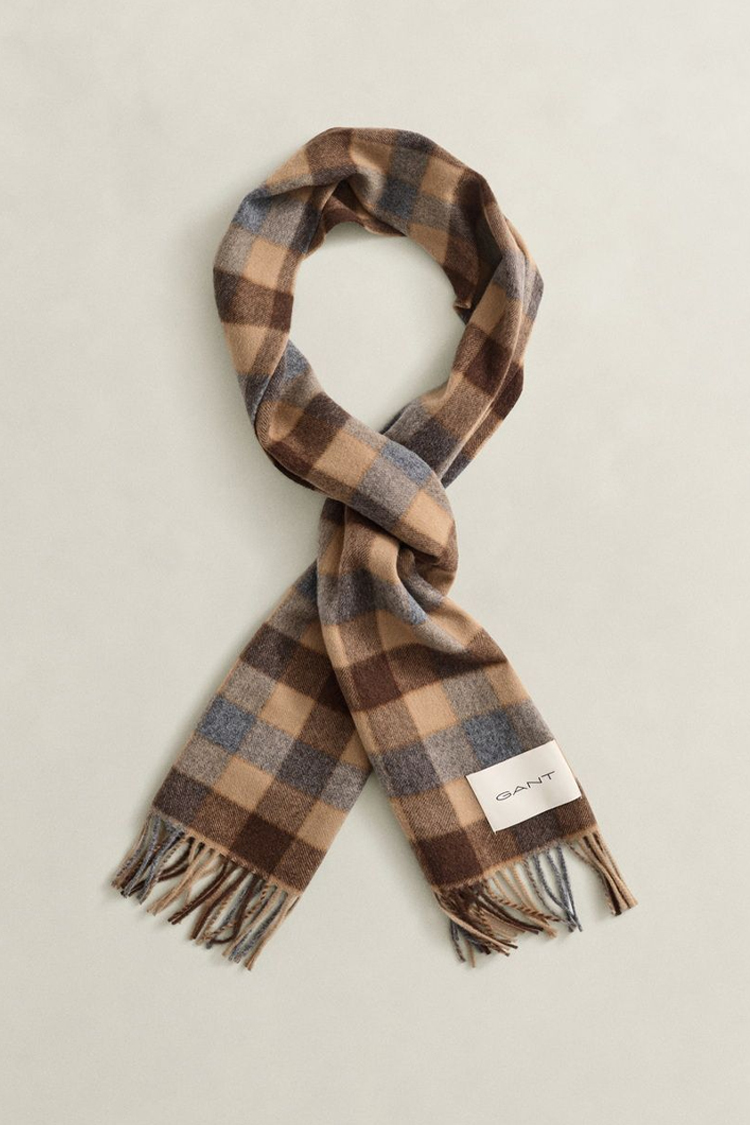 צעיף צמר גאנט GANT חום/חאקי דגם Checked Wool צמר מרינו משובץ פרנזים פאץ’ לוגו