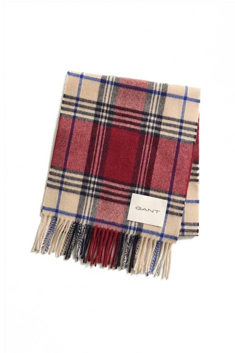 צעיף צמר גאנט GANT בורדו/בז’ דגם Checked Wool צמר מרינו משובץ פרנזים פאץ’ לוגו