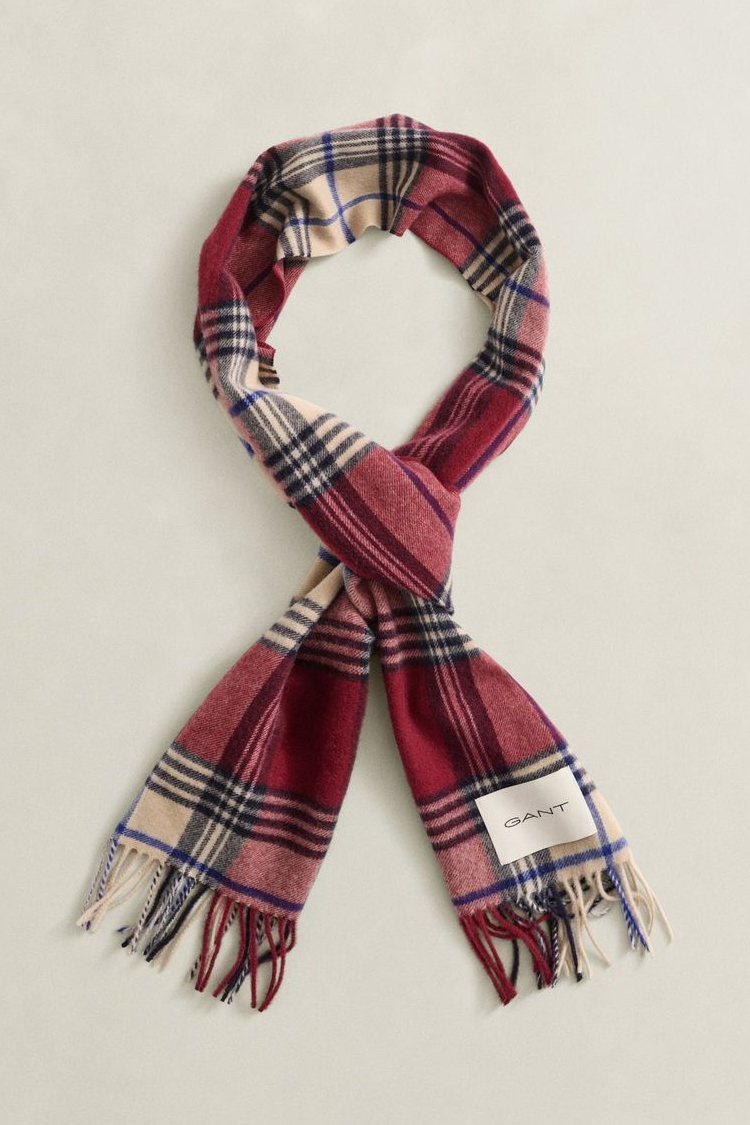 צעיף צמר גאנט GANT בורדו/בז’ דגם Checked Wool צמר מרינו משובץ פרנזים פאץ’ לוגו