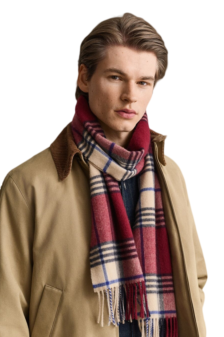 צעיף צמר גאנט GANT בורדו/בז' דגם Checked Wool צמר מרינו משובץ פרנזים פאץ' לוגו