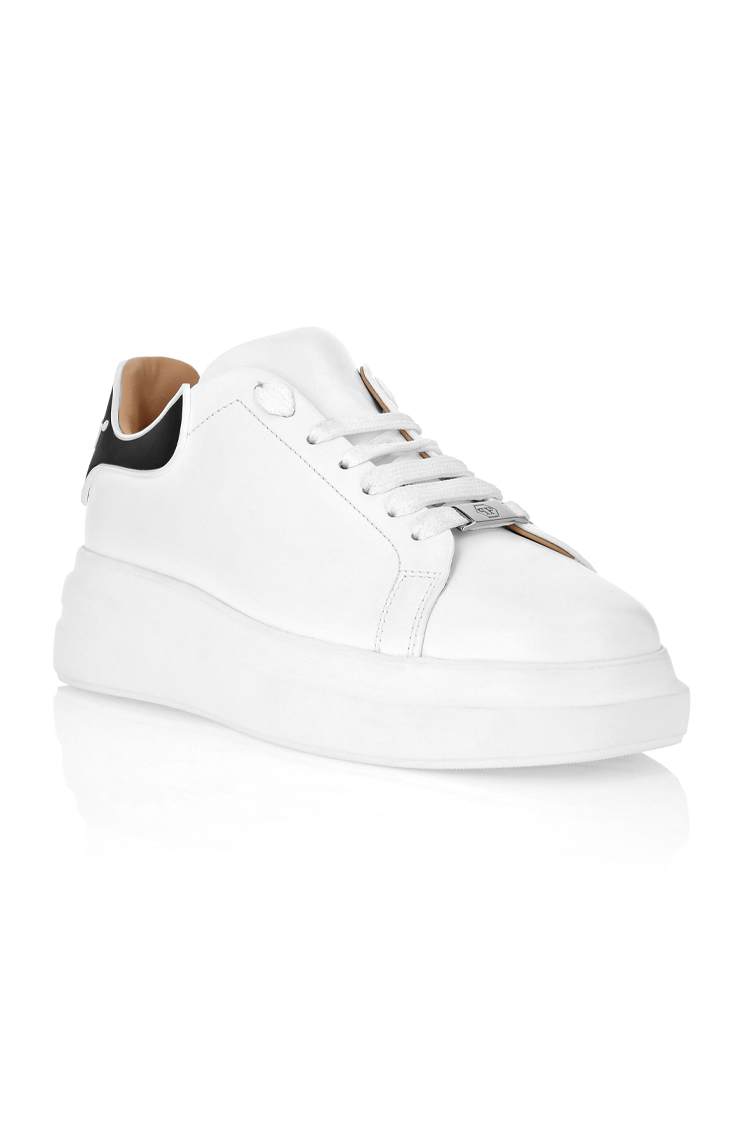 סניקרס עור פיליפ פליין philipp plein לבן דגם Megastar גזרה בינונית לוחית מתכת שרוכים קונטרסט