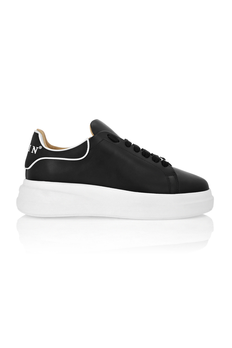 סניקרס עור פיליפ פליין philipp plein שחור דגם Megastar גזרה בינונית לוחית מתכת שרוכים קונטרסט