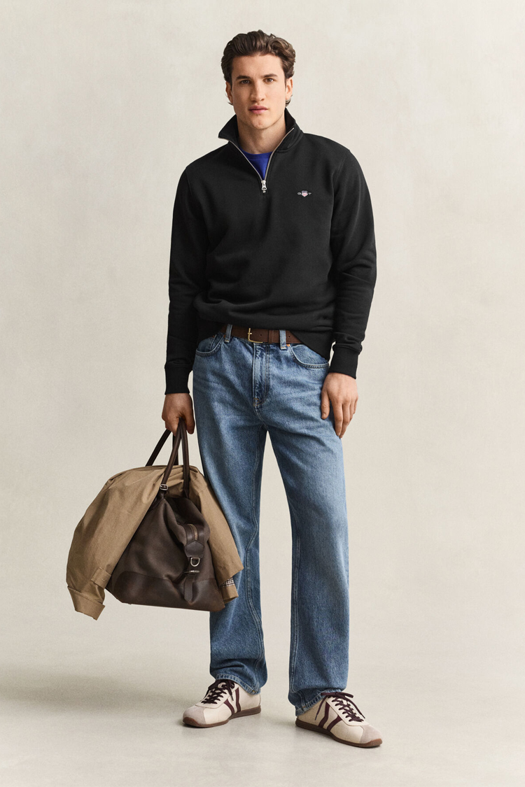 סווטשירט גאנט gant שחור דגם Shield Half-Zip Sweatshirt תשלובת כותנה חצי רוכסן רקמה שילד