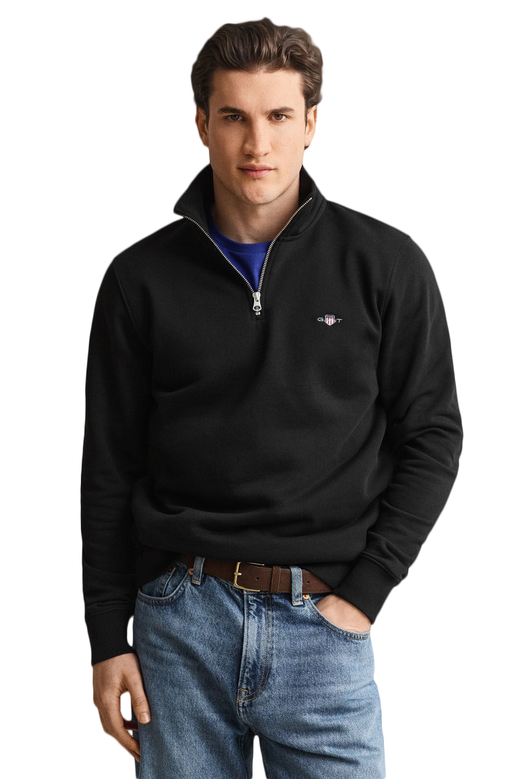 סווטשירט גאנט gant שחור דגם Shield Half-Zip Sweatshirt תשלובת כותנה חצי רוכסן רקמה שילד
