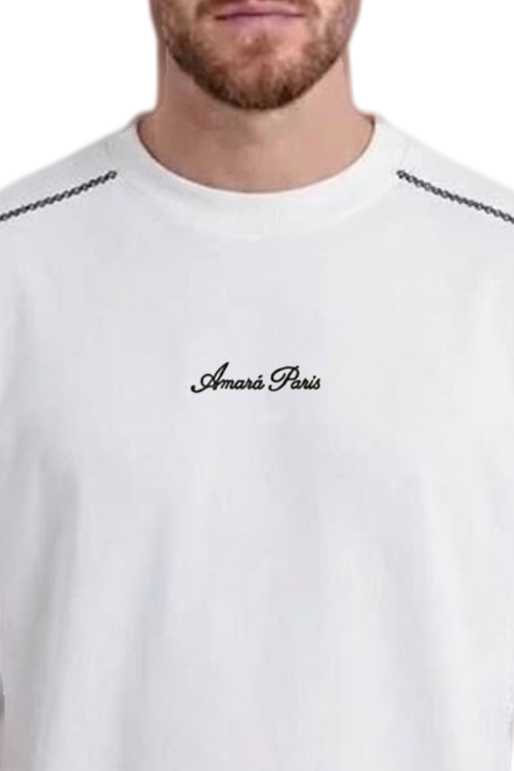 טי שירט אמרה פריז amara paris לבן דגם Cotton Stitch אוברסייז תשלובת כותנה רקמה חזה תפרים בולטים קונטרסט