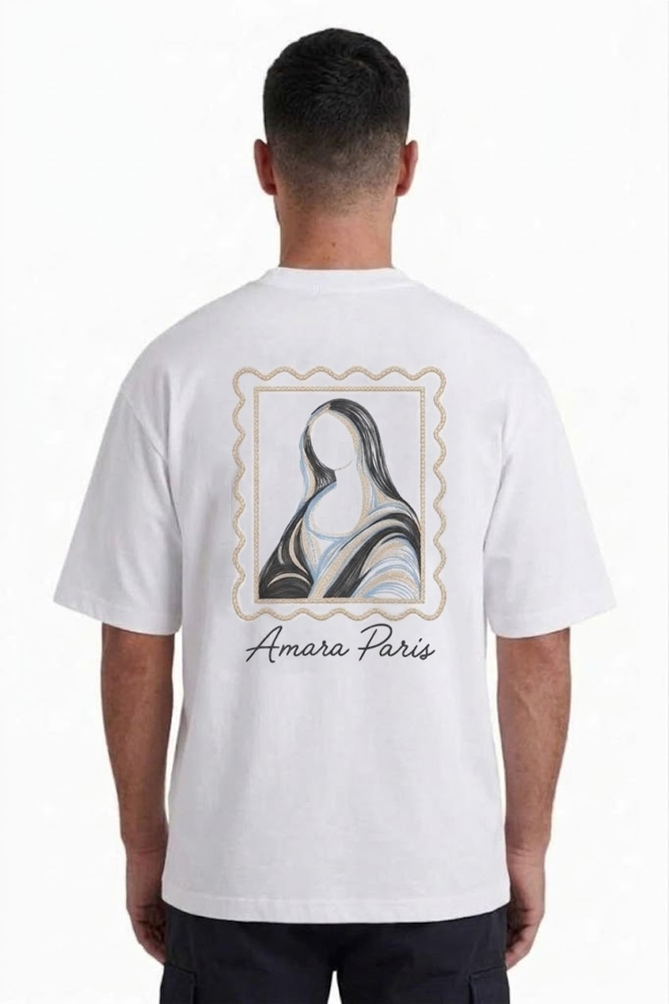 טי שירט אמרה פריז amara paris לבן דגם Cotton Art Mona T אוברסייז תשלובת כותנה רקמה חזה רקמת מונה ליזה גב