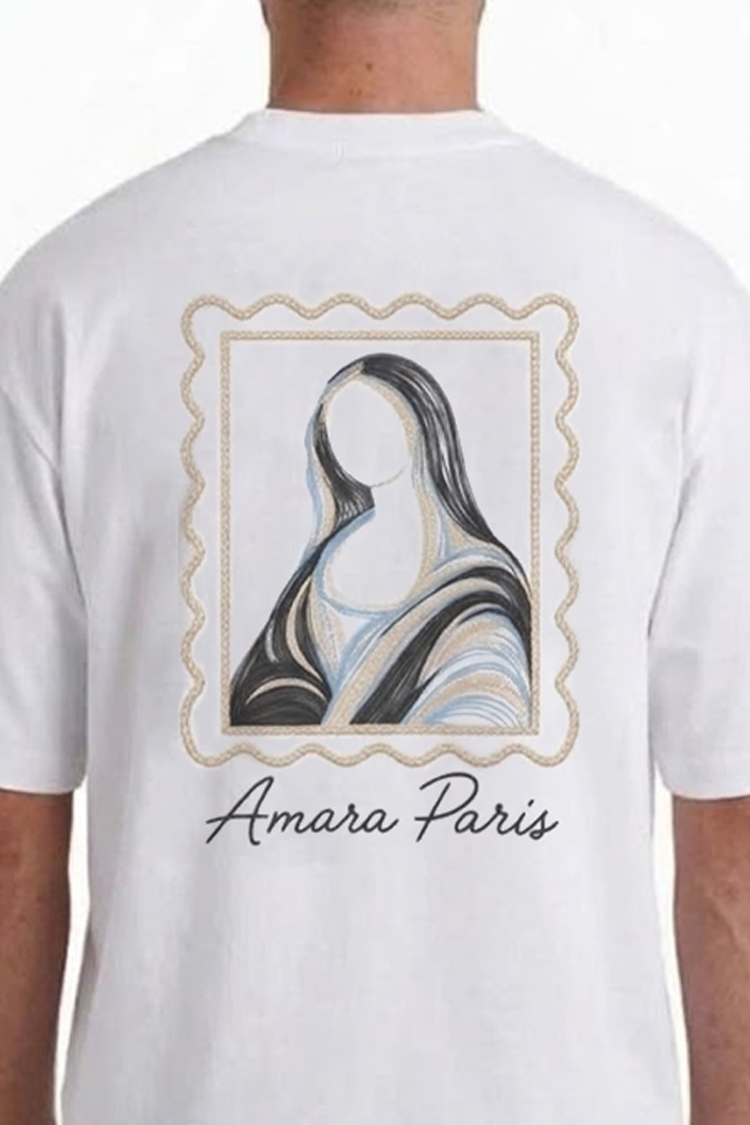 טי שירט אמרה פריז amara paris לבן דגם Cotton Art Mona T אוברסייז תשלובת כותנה רקמה חזה רקמת מונה ליזה גב