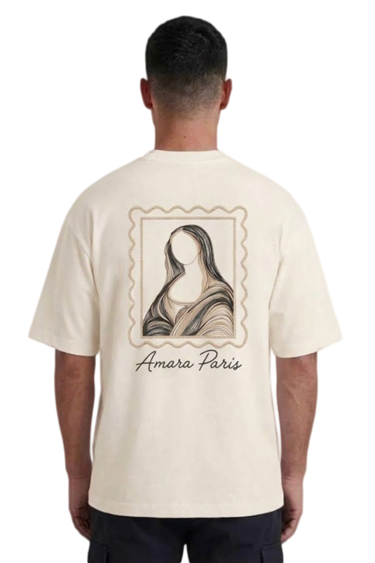 טי שירט אמרה פריז amara paris קרם דגם Cotton Art Mona T אוברסייז תשלובת כותנה רקמה חזה רקמת מונה ליזה גב