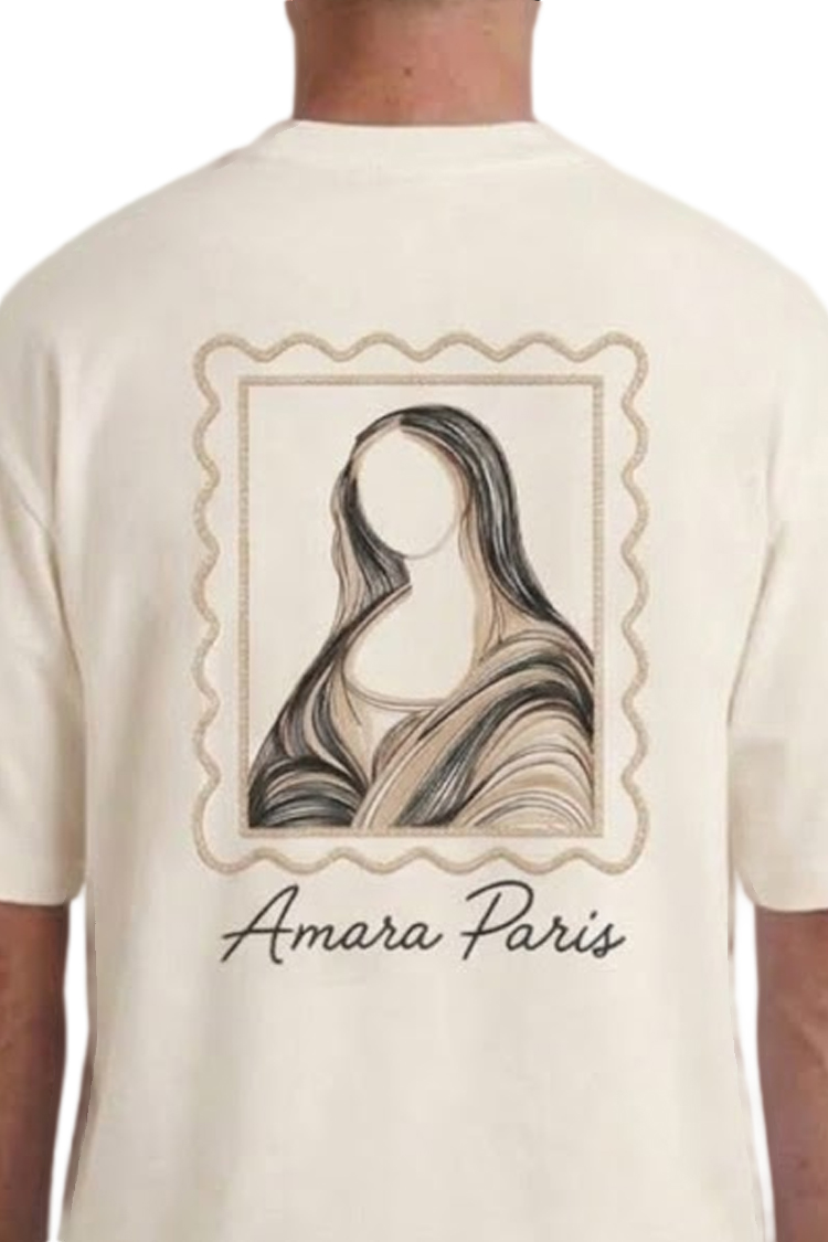 טי שירט אמרה פריז amara paris קרם דגם Cotton Art Mona T אוברסייז תשלובת כותנה רקמה חזה רקמת מונה ליזה גב