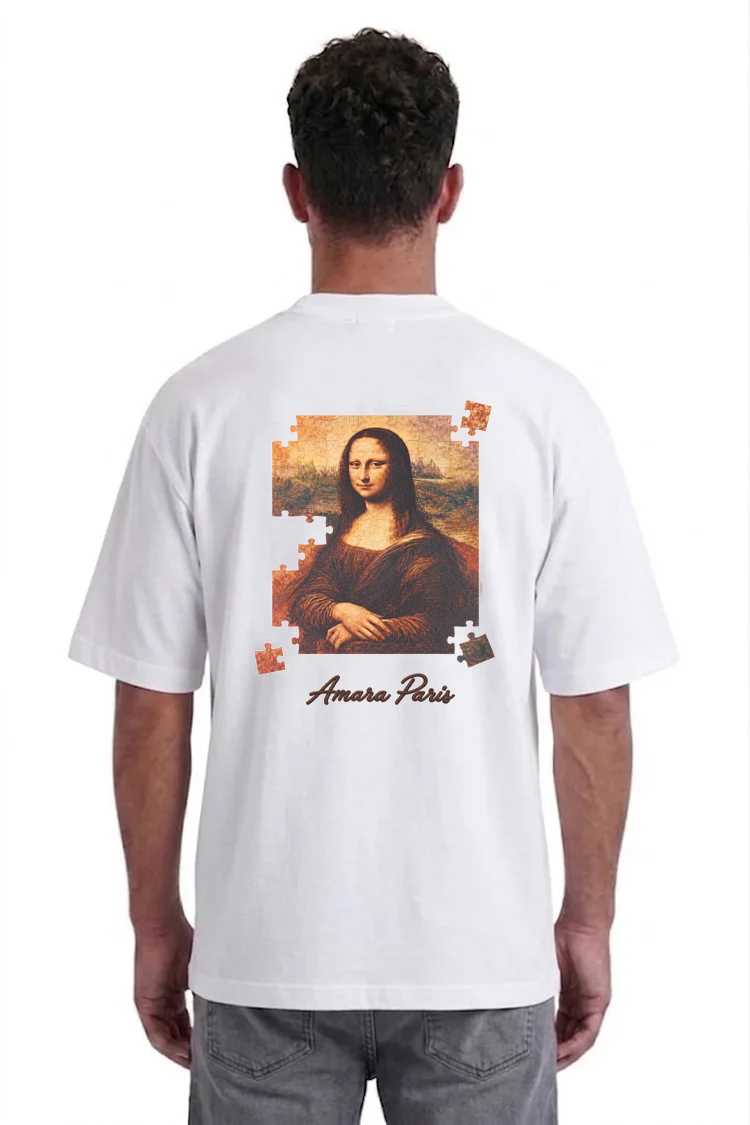 טי שירט אמרה פריז amara paris לבן דגם Cotton Puzzle אוברסייז תשלובת כותנה רקמה חזה הדפס מונה ליזה פאזל גב