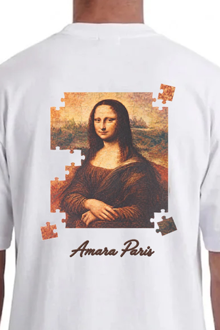 טי שירט אמרה פריז amara paris לבן דגם Cotton Puzzle אוברסייז תשלובת כותנה רקמה חזה הדפס מונה ליזה פאזל גב