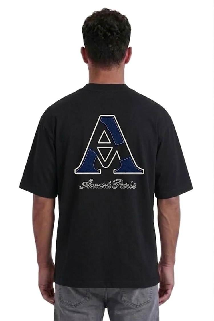 טי שירט אמרה פריז amara paris שחור דגם Cotton Amara Checkerd אוברסייז תשלובת כותנה רקמה חזה תפרים בולטים קונטרסט