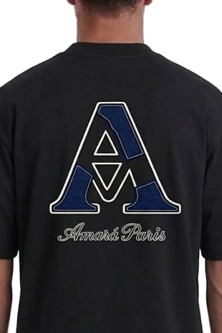 טי שירט אמרה פריז amara paris שחור דגם Cotton Amara Checkerd אוברסייז תשלובת כותנה רקמה חזה תפרים בולטים קונטרסט