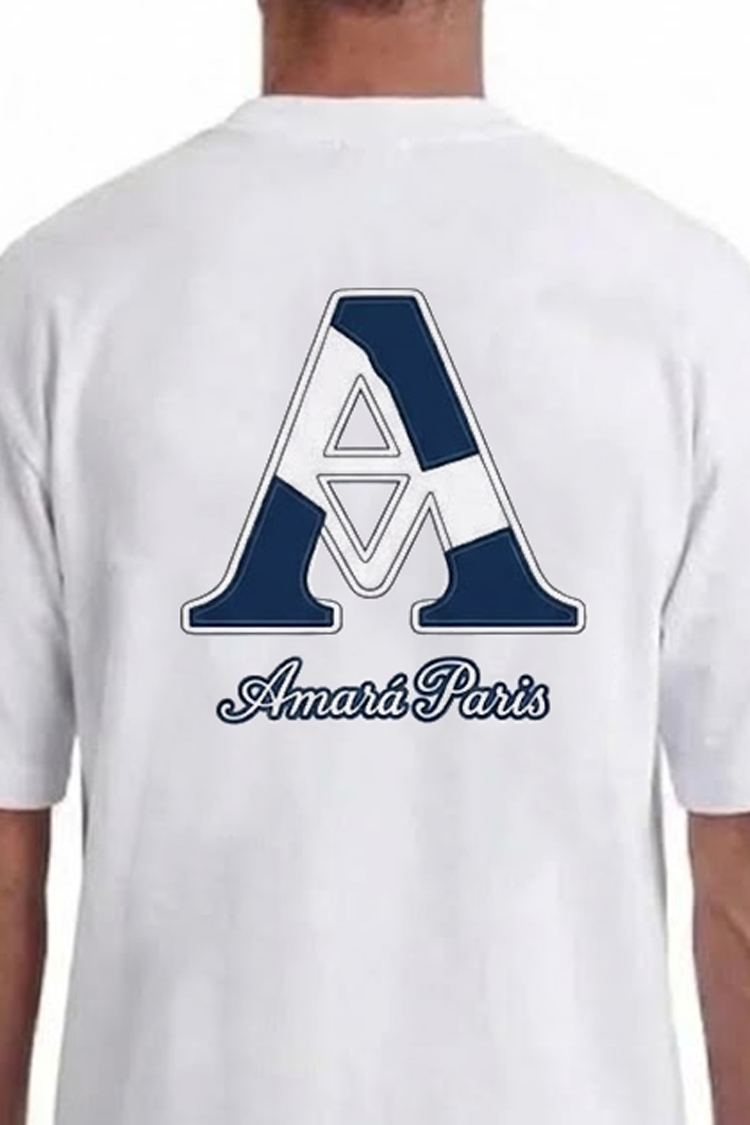 טי שירט אמרה פריז amara paris לבן דגם Cotton Amara Checkerd אוברסייז תשלובת כותנה רקמה חזה תפרים בולטים קונטרסט