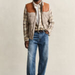 בז’ פלנל גאנט gant כחול משובץ דגם Checked Windblown Flannel Shirt 100 אחוז כותנה קל משקל רקמה כיס קדמי