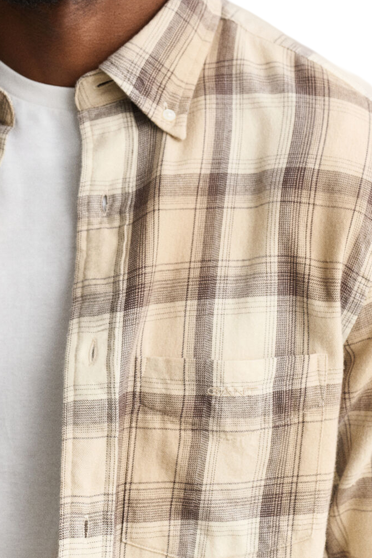 בז’ פלנל גאנט gant כחול משובץ דגם Checked Windblown Flannel Shirt 100 אחוז כותנה קל משקל רקמה כיס קדמי