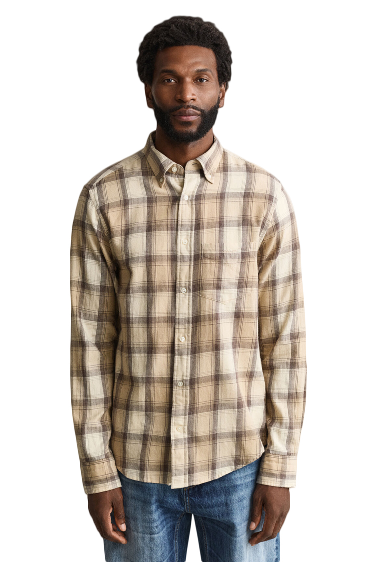בז' פלנל גאנט gant כחול משובץ דגם Checked Windblown Flannel Shirt 100 אחוז כותנה קל משקל רקמה כיס קדמי
