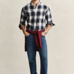 חולצת פלנל גאנט gant כחול משובץ דגם Checked Windblown Flannel Shirt 100 אחוז כותנה קל משקל רקמה כיס קדמי