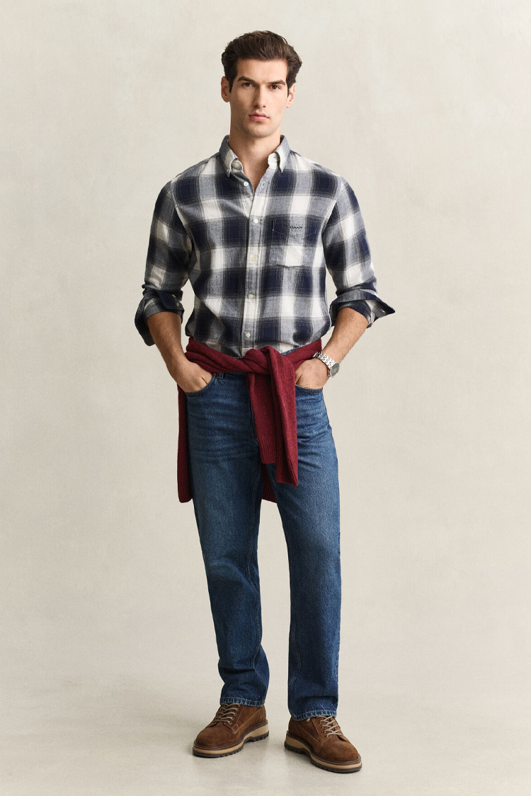 חולצת פלנל גאנט gant כחול משובץ דגם Checked Windblown Flannel Shirt 100 אחוז כותנה קל משקל רקמה כיס קדמי