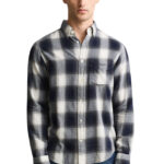 חולצת פלנל גאנט gant כחול משובץ דגם Checked Windblown Flannel Shirt 100 אחוז כותנה קל משקל רקמה כיס קדמי