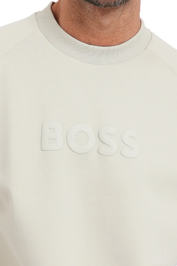 סווטשירט בוס BOSS בז' דגם Salbo תבליט מבריק כותנה גמישה גזרה רגילה