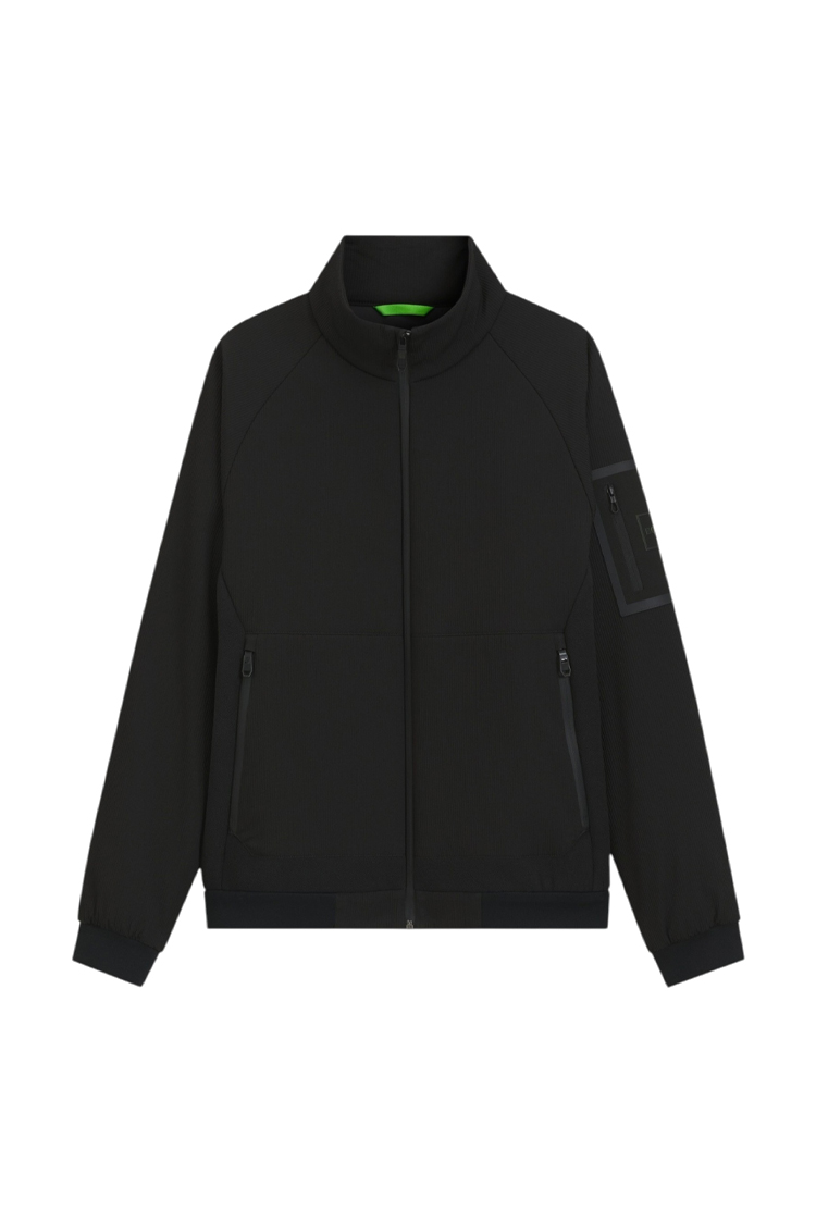 ז’קט בוס boss שחור דגם hy cord fleece תשלובת כותנה גזרה קלאסית חצי מבריק טקסטורת rib לוגו כיס שרוול