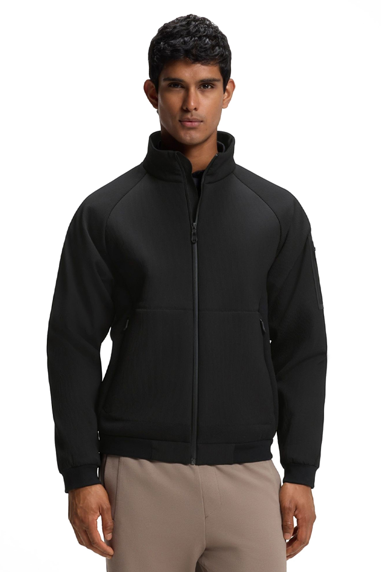 ז'קט בוס boss שחור דגם hy cord fleece תשלובת כותנה גזרה קלאסית חצי מבריק טקסטורת rib לוגו כיס שרוול