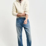 סריג גאנט GANT קרם כותנה דגם Casual Cotton Half-Zip Sweater חצי רוכסן רקמה