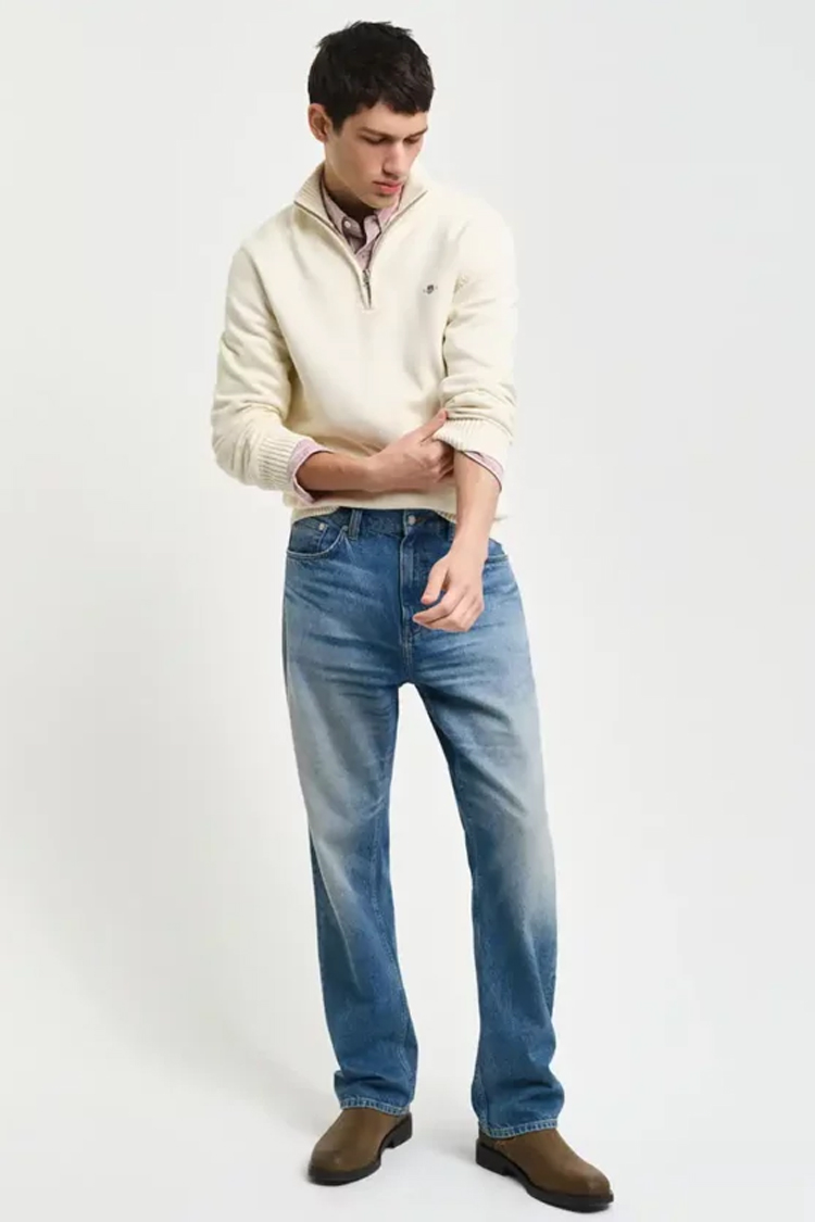סריג גאנט GANT קרם כותנה דגם Casual Cotton Half-Zip Sweater חצי רוכסן רקמה