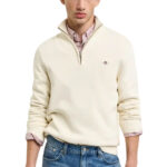 סריג גאנט GANT קרם כותנה דגם Casual Cotton Half-Zip Sweater חצי רוכסן רקמה