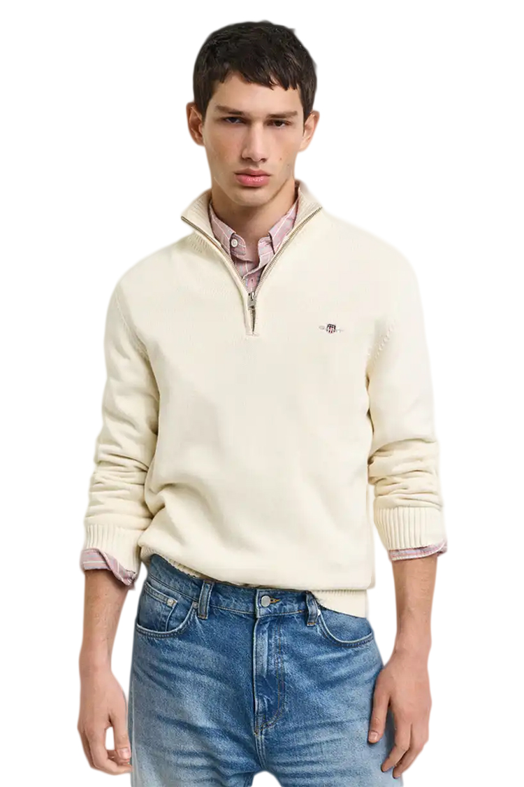 סריג גאנט GANT קרם כותנה דגם Casual Cotton Half-Zip Sweater חצי רוכסן רקמה