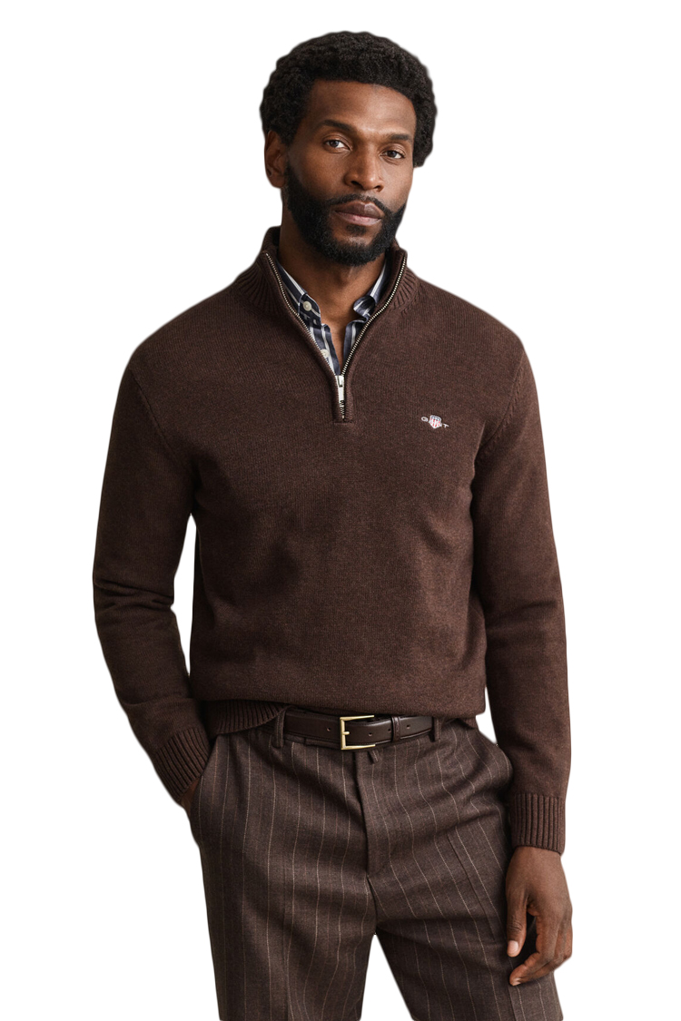 סריג גאנט חום GANT ERO כותנה דגם Casual Cotton Half-Zip Sweater חצי רוכסן רקמה